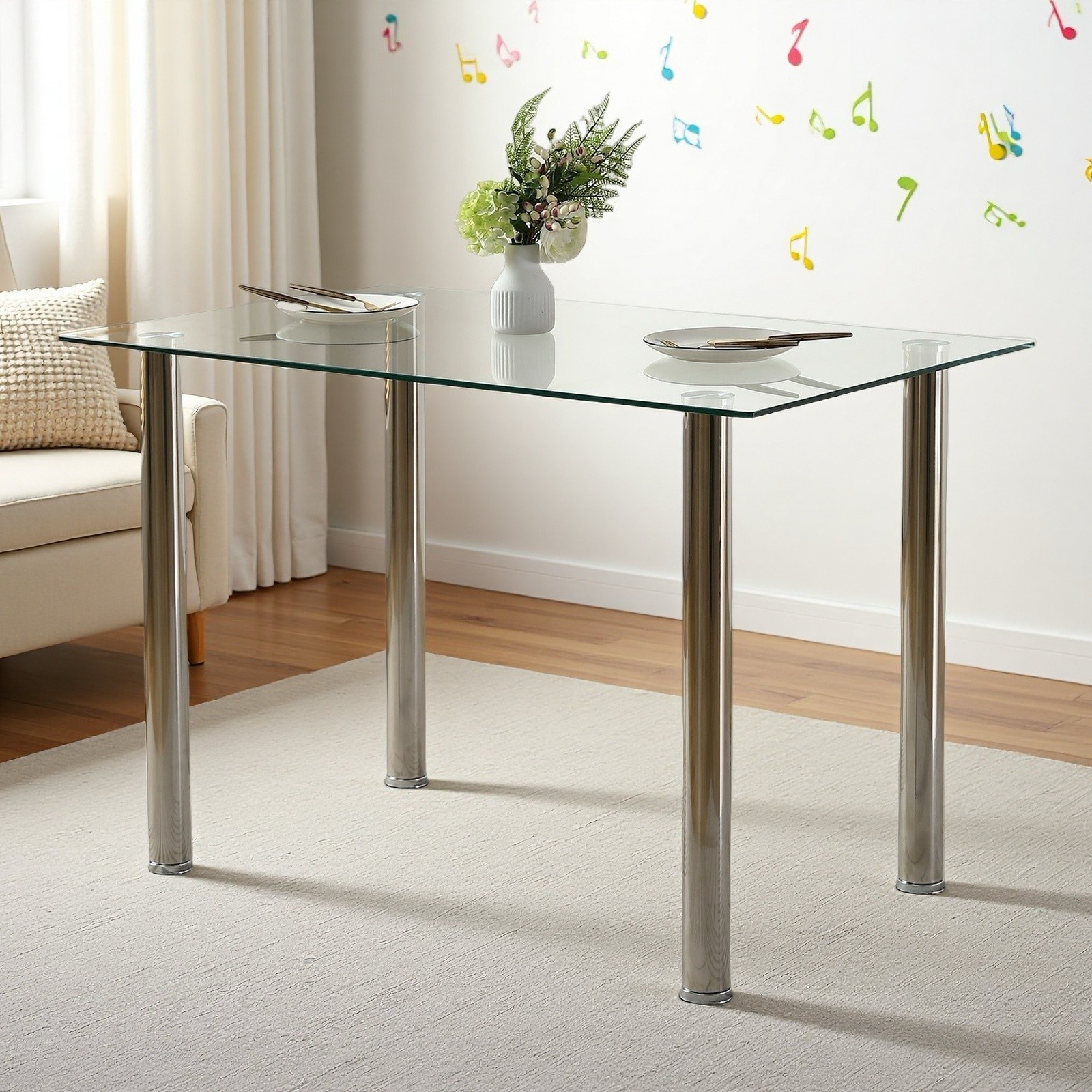 Glass Dining Table - 4 Seater Tempered Clear Glass 43.3" Rectangle Kitchen Desk