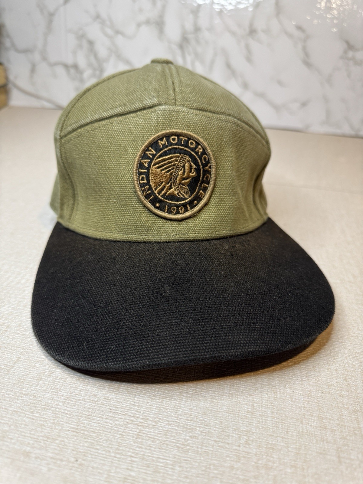 Indian Motorcycle 1901 Flatbill Waxed Cotton Hat Leather Strap Adustable