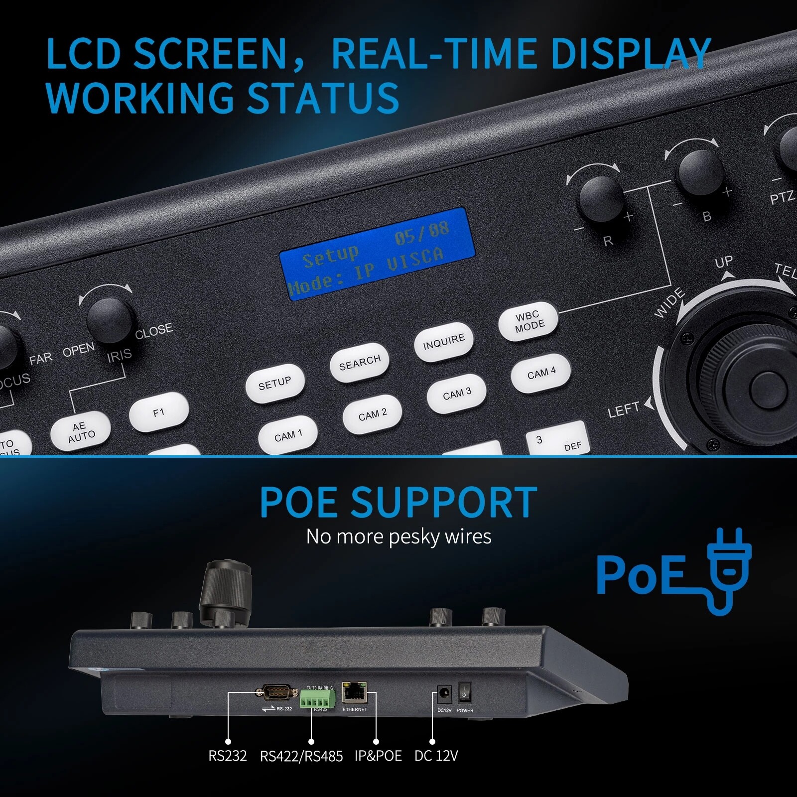 FEELWORLD KBC10 PTZ Camera Controller Joystick Keyboard Control PoE LCD Screen