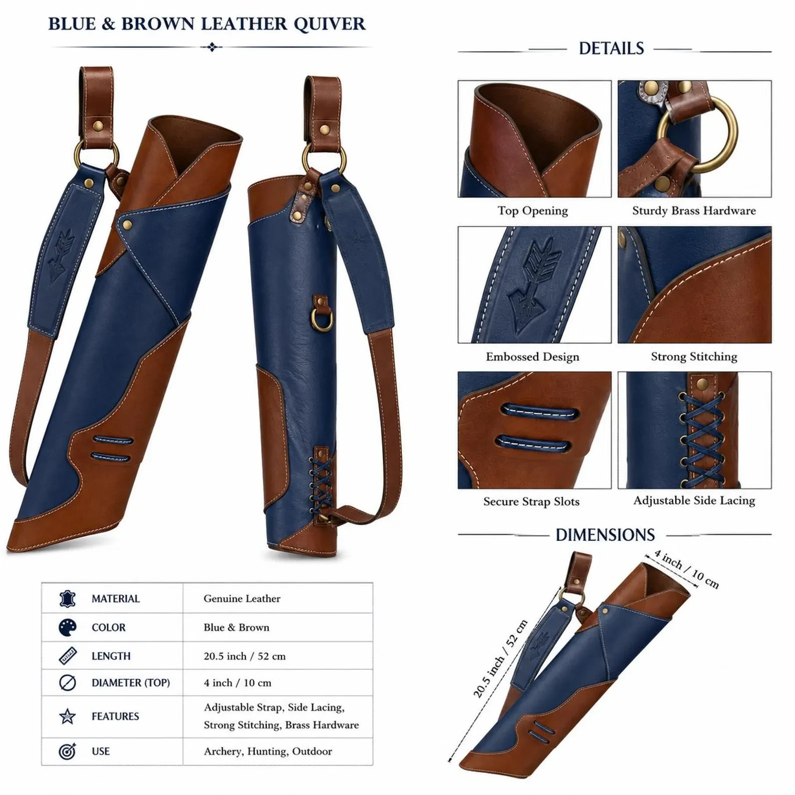 Blue and brown leather archery quiver - Handmade hunting arrow holder