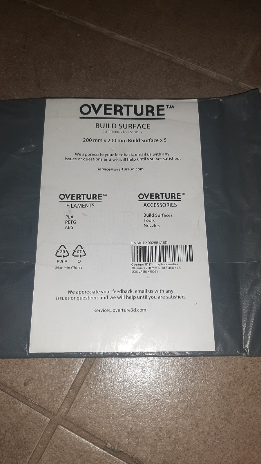 OVERTURE  BUILD SURFACE  20cm x 20cm  3D PRINTER SHEET  1 pkg contains  5 sheets