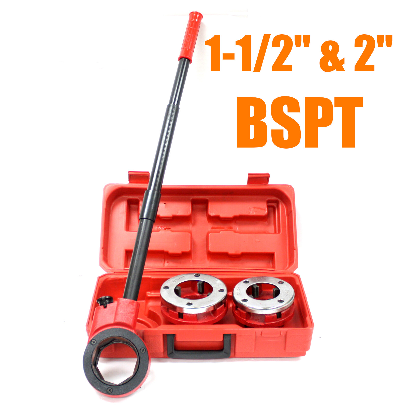 2pc BSPT Plumbing Hand Ratchet Pipe Threader 1-1/2" & 2" Die Head Alloy Dies