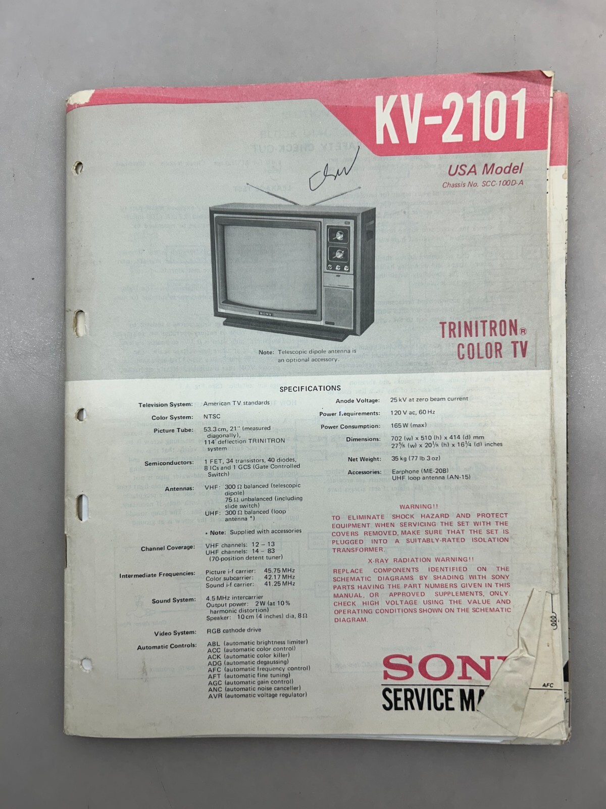 Sony KV-2101 Original Service Manual Free Shipping