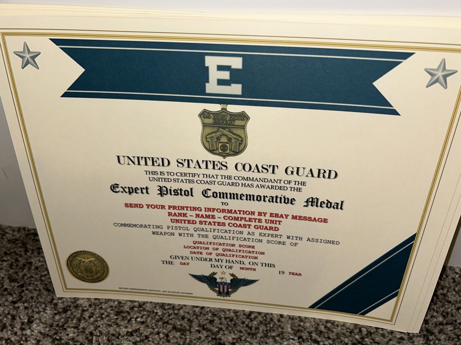 COAST GUARD - EXPERT PISTOL MEDAL COMMEMORATIVE CERTIFICATE ~ W/PRINTING TYPE-1