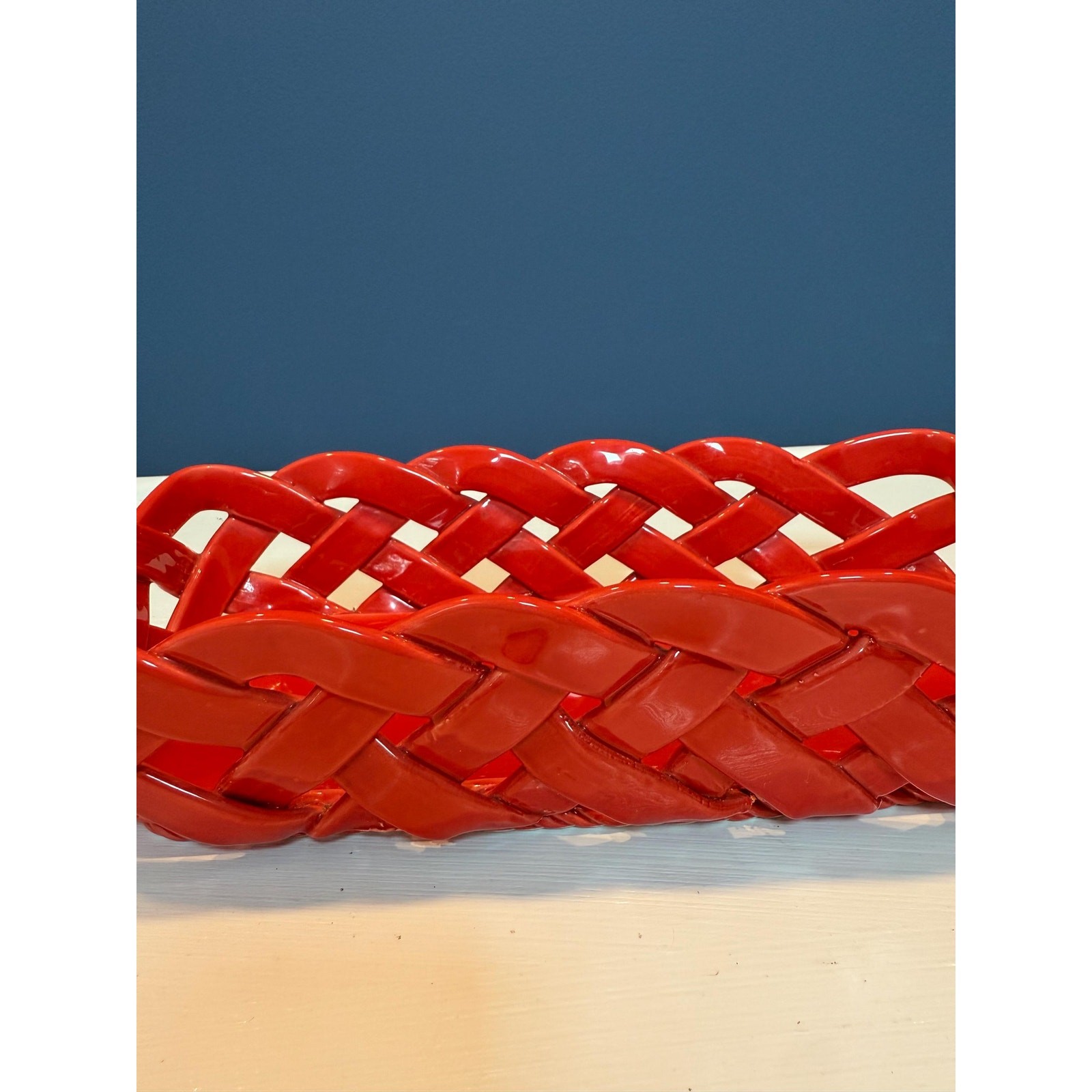 Vintage Primo Gi Red Ceramic Woven Bread Basket Italy Large Weave
