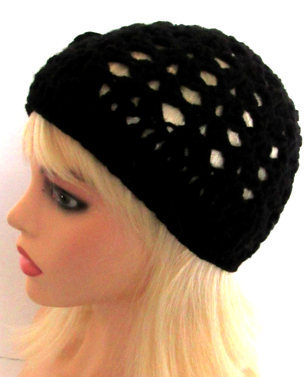 BOHO BEANIE HAT CAP SOLID BLACK OPEN WEAVE MESH HANDMADE CROCHET WITH FLOWER