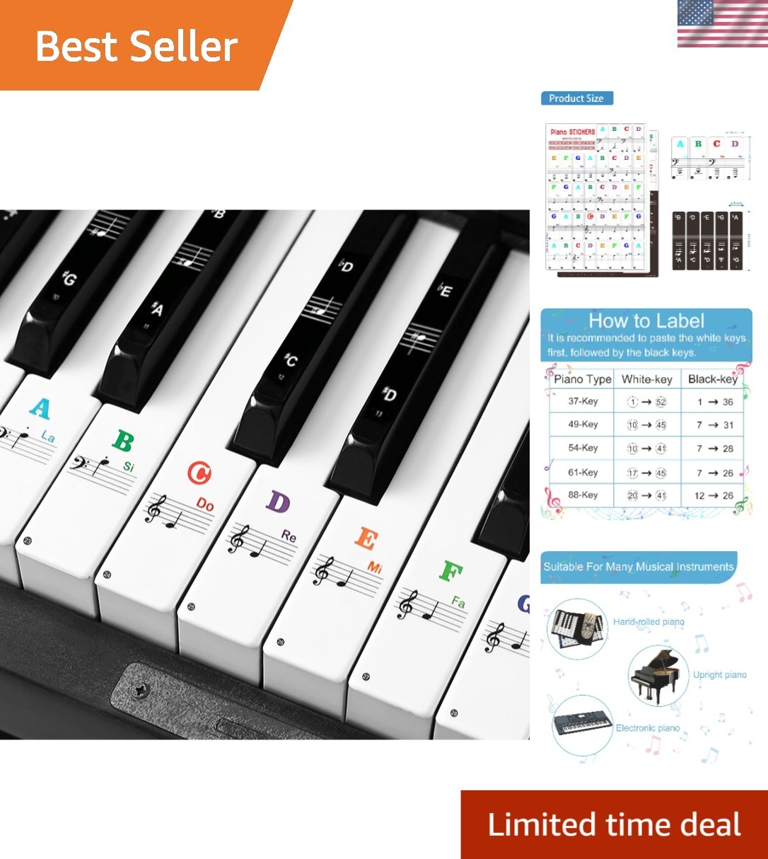 Beginner Piano Keyboard Stickers with Vivid Colors - Perfect for Kids' Practice