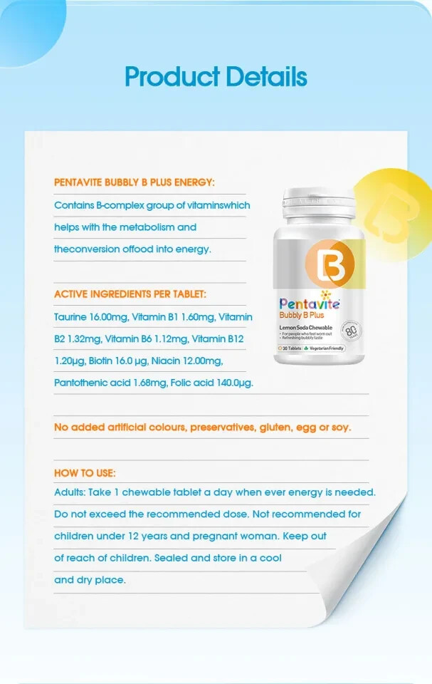 PENTAVITE Bubbly B Vitamins Plus Energy Lemon Soda Chewable for Adult x 3
