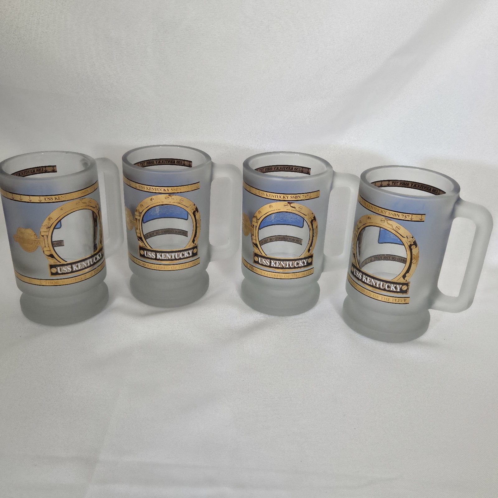 Lot of 4 USS Kentucky SSBN-737 Frosted Glass Mugs Gold Trim Navy Submarine RARE