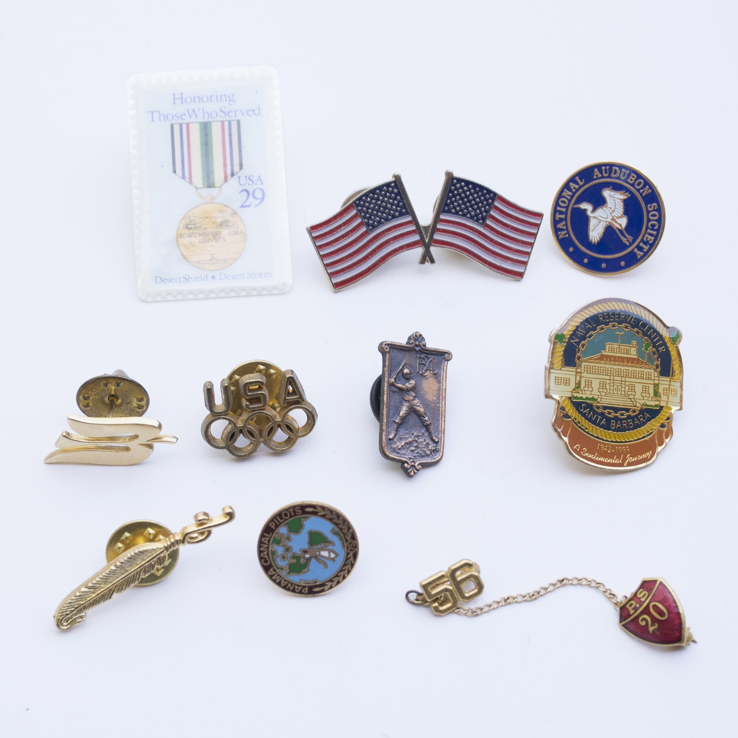 Lot of 10 Pins Patriotic, Military, Olympics, Clubs, & More Plus Extra Backings