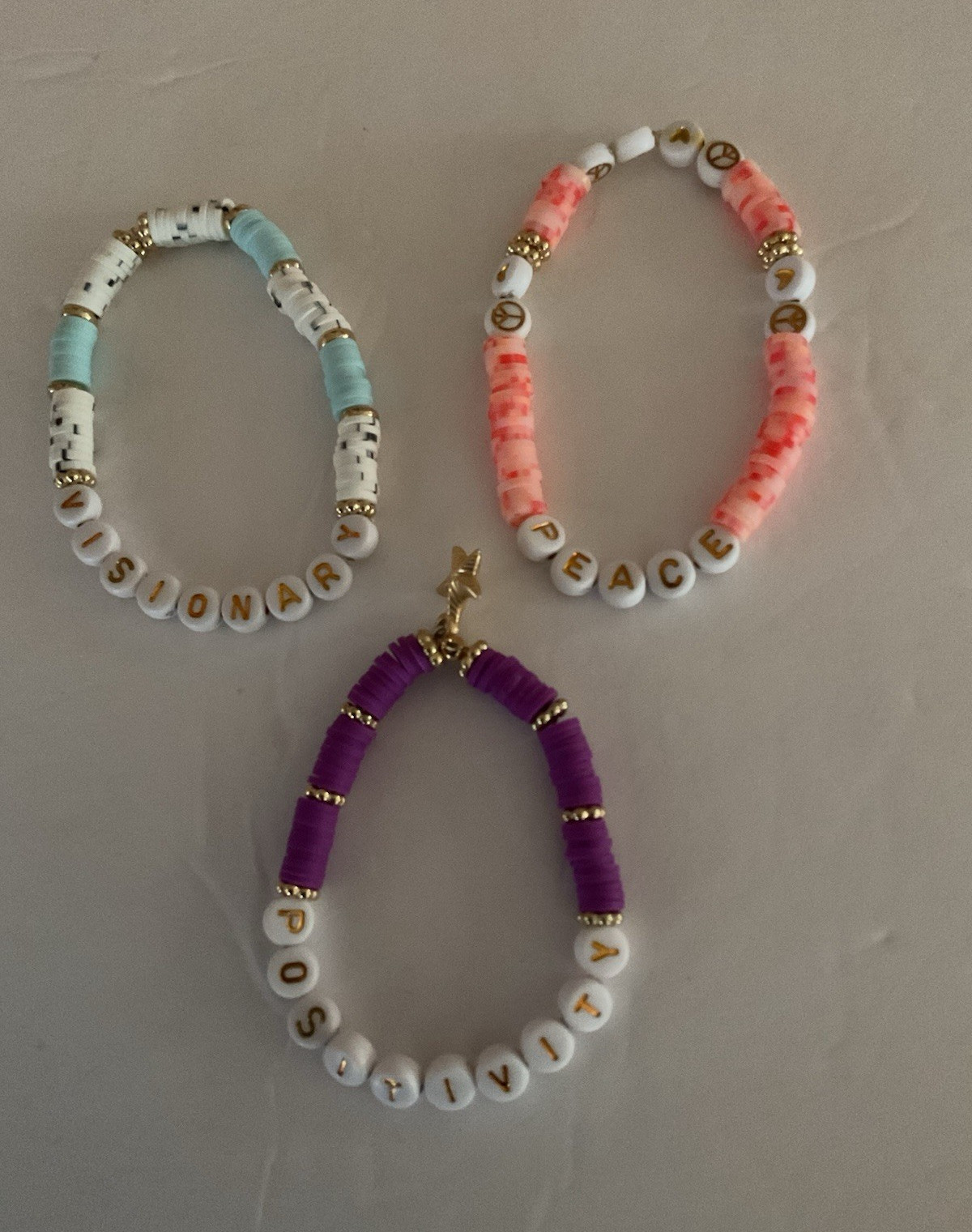 Set of 3 Stackable Beaded Letter Bracelets VISIONARY PEACE POSITIVE