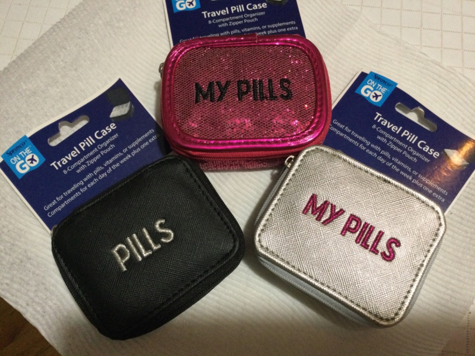 LOT OF 3 SPRAYCO TRAVEL ZIPPERED PILL VITAMIN CASES PINK BLACK SILVER NEW W TAGS