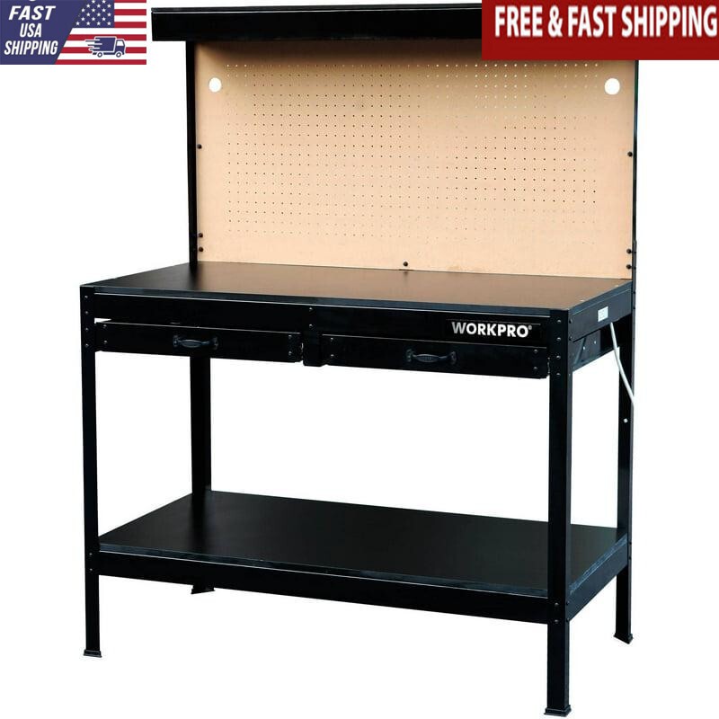 48" Multi-Purpose Workbench W/ Drawers & Pegboard Black Steel Frame 3302) New