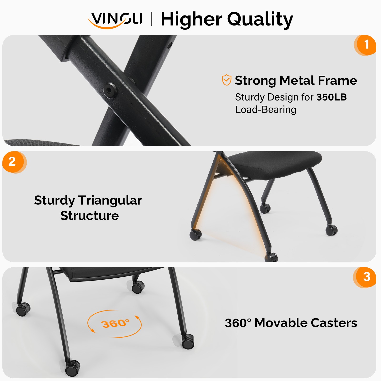 Stackable Reception Chairs, Wheels, Foldable, 350lb Capacity, 2-Pack