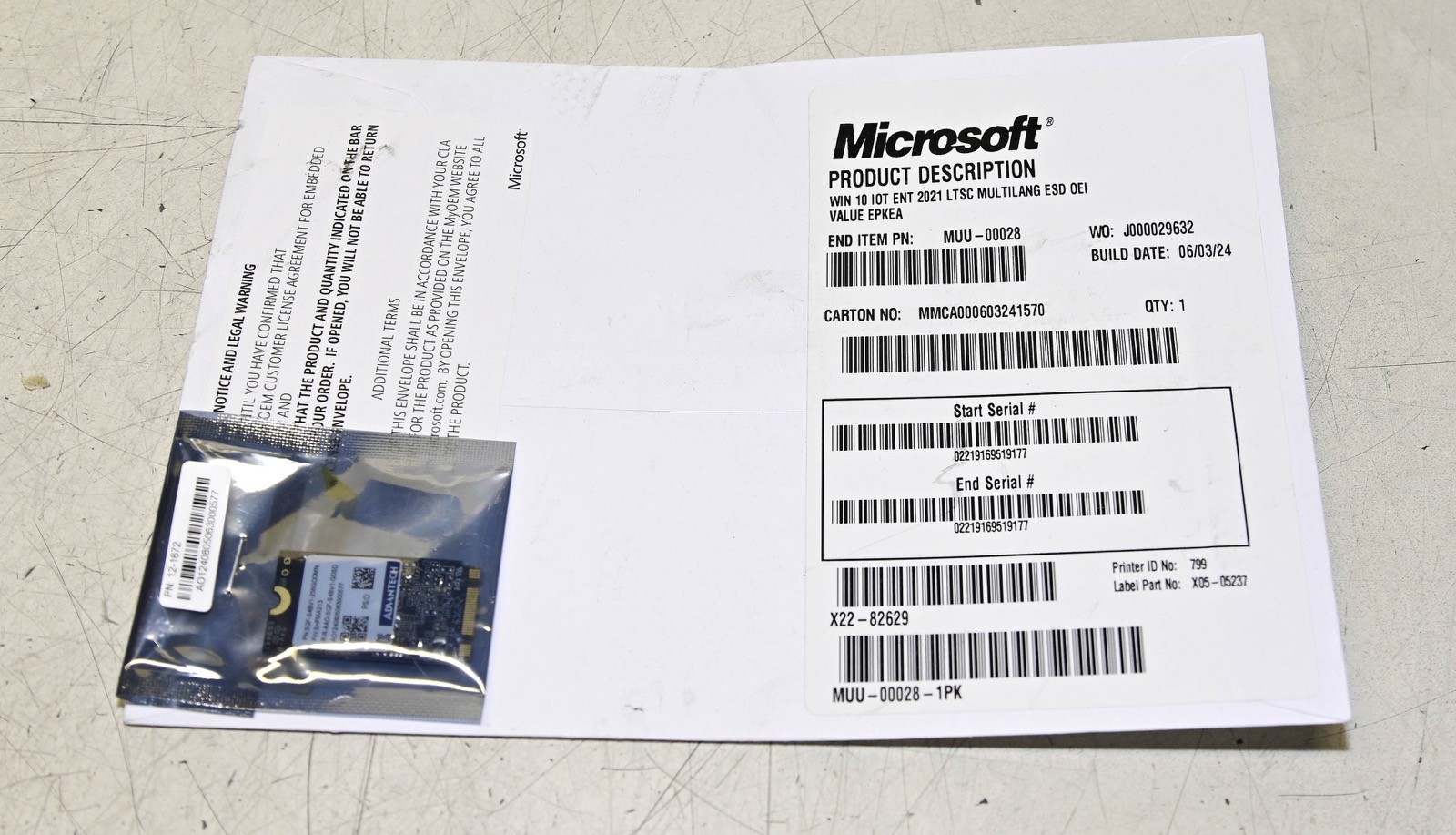 Microsoft  Win 10 Enterprise on 256GB Advantech SQF-S4BV1-256GDDMN  MUU00028