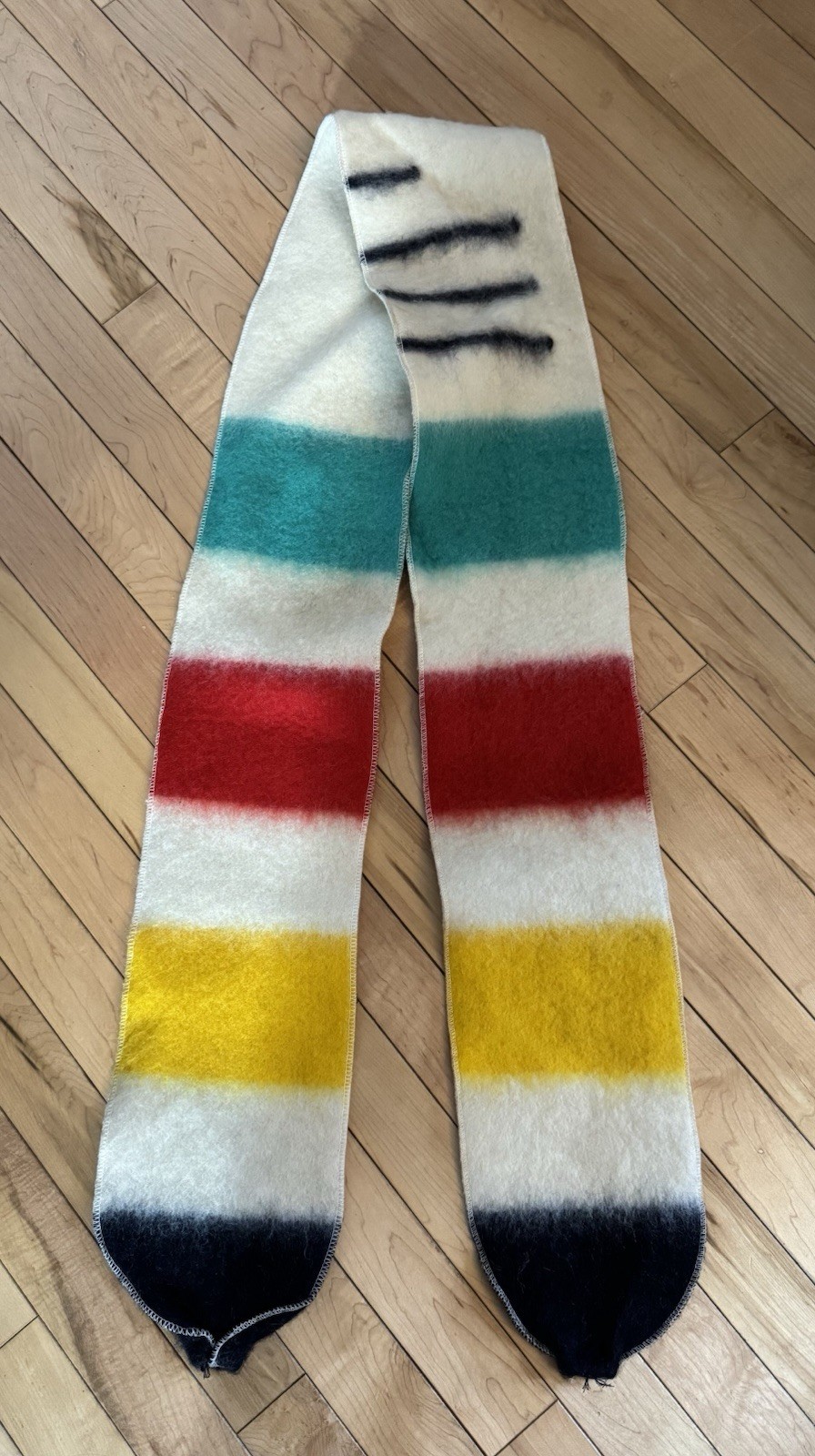 Vintage Rare Hudson Bay 4 Point Wool Scarf Striped Signature Green Yellow Red