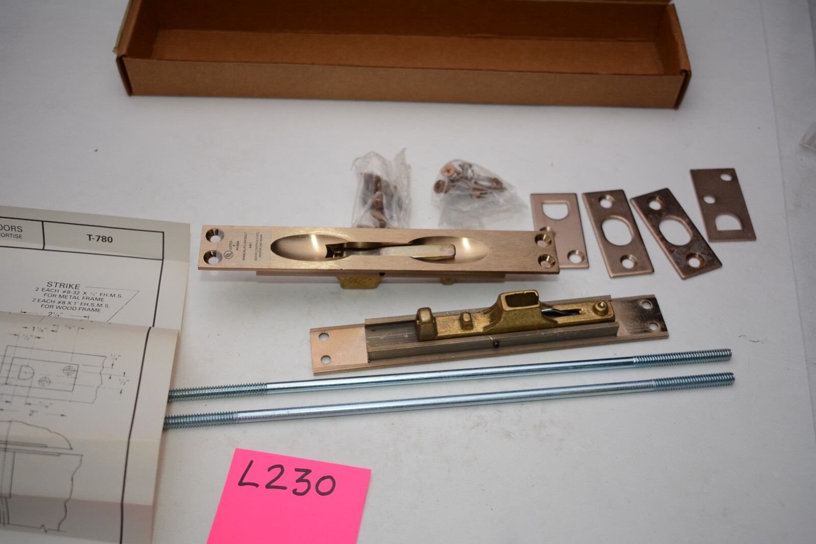 2 pc T-780  Manual Flush Bolt Polished Brass Assembly door controls internationa