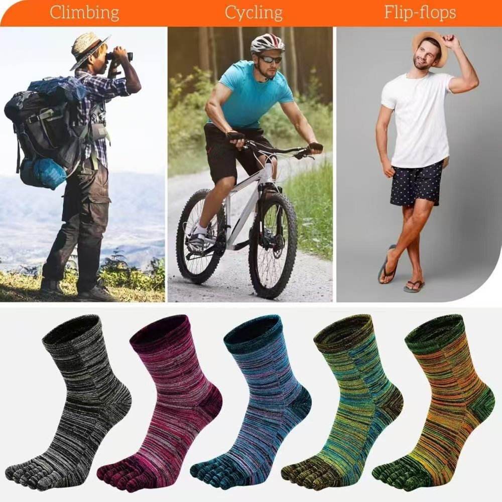 5Pack Men Crew Five Finger Toe Striped Design Solid Sport Calf Cotton Work Socks