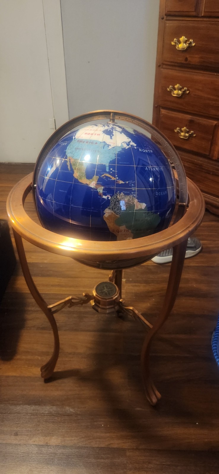 36" Tall Blue Lapis Gemstone World Globe with Tripod Copper Floor Stand w 50ST