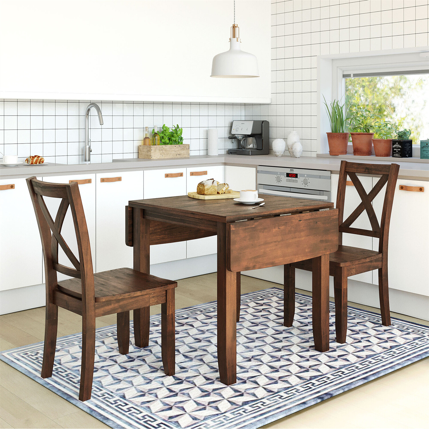 3 Piece Dining Table Set Extendable Table w/ 2 Chair Kitchen Breakfast Furniture