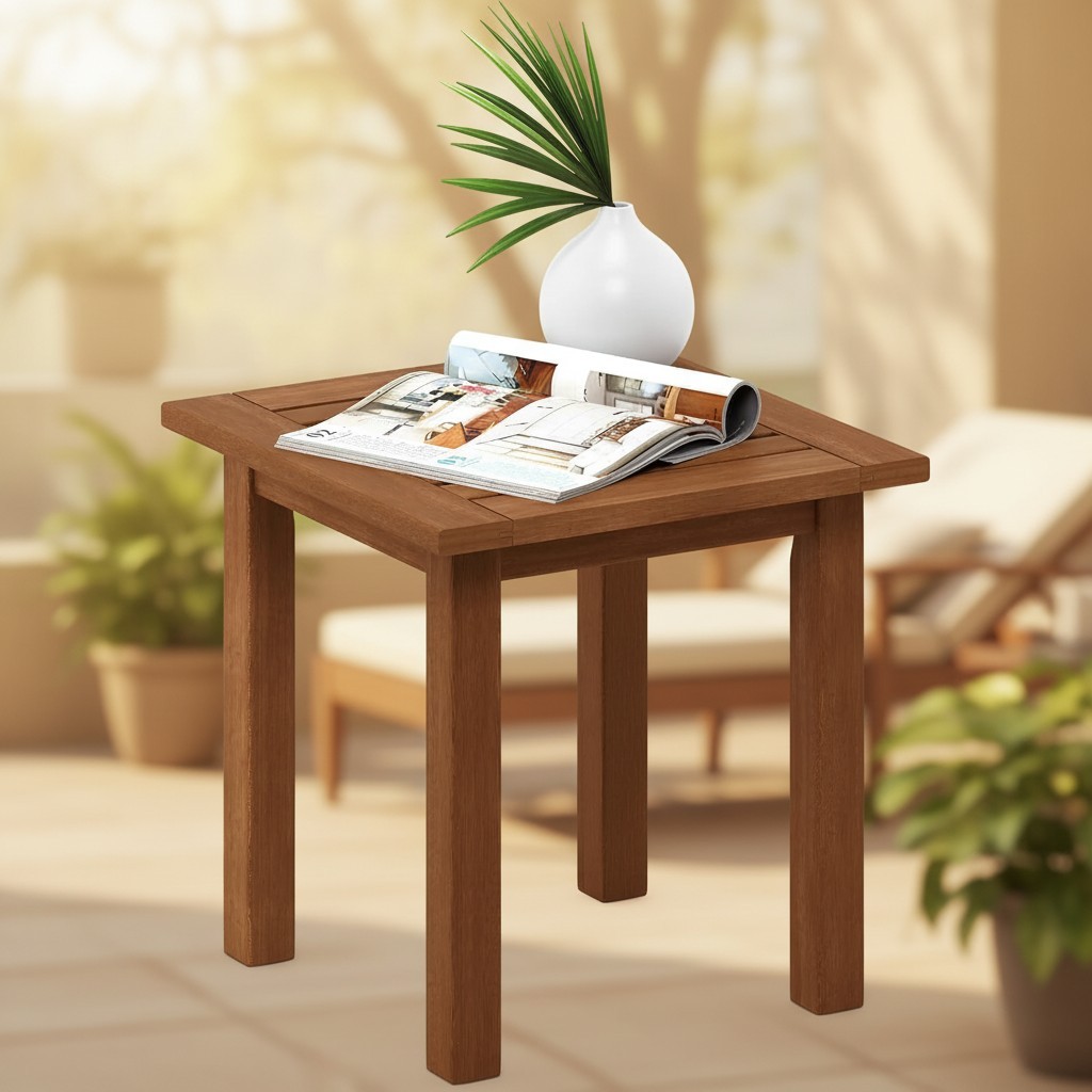 Compact Slatted Design End Table - Teak Finished Dark Red Meranti, 17.5" Size