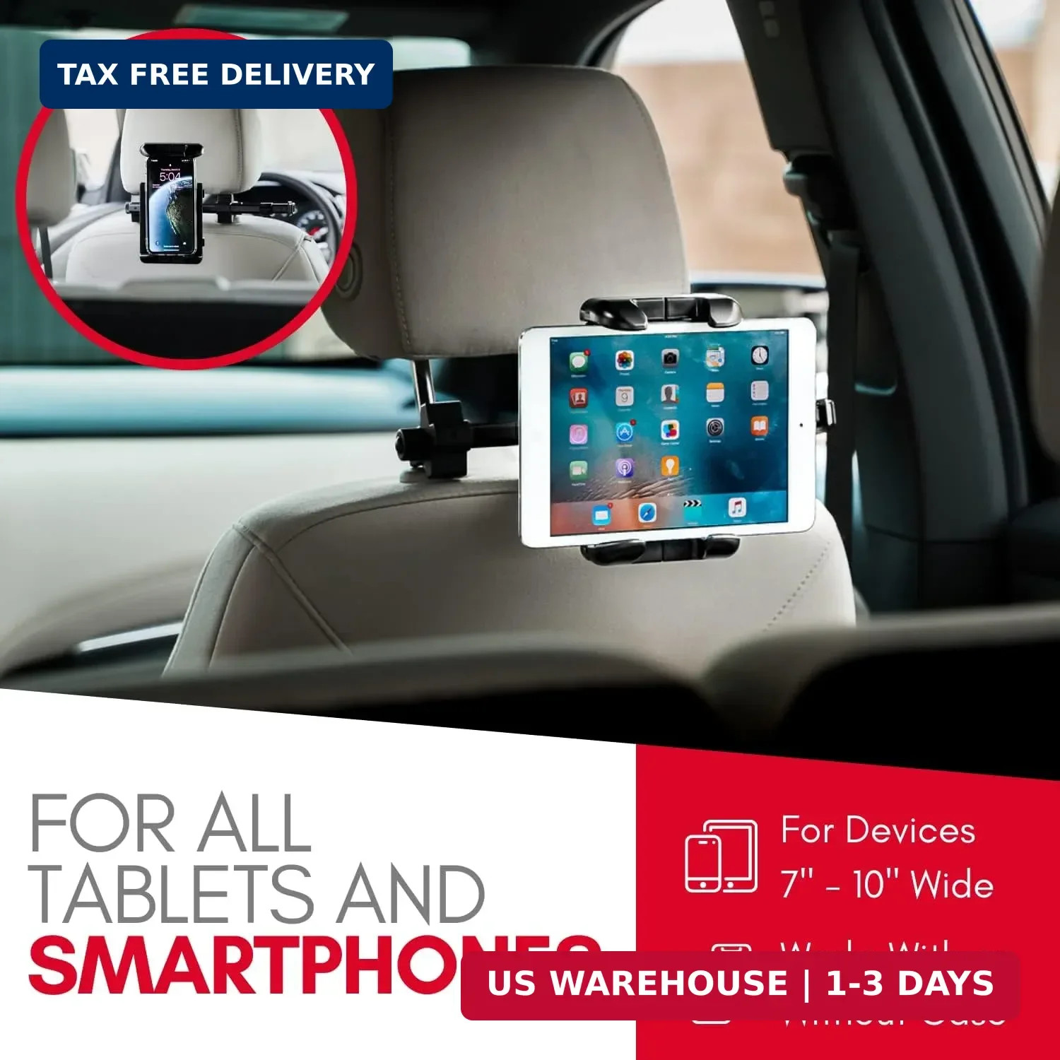 Tablet Holder for Car Headrest - Adjustable iPad Headrest Mount for Car