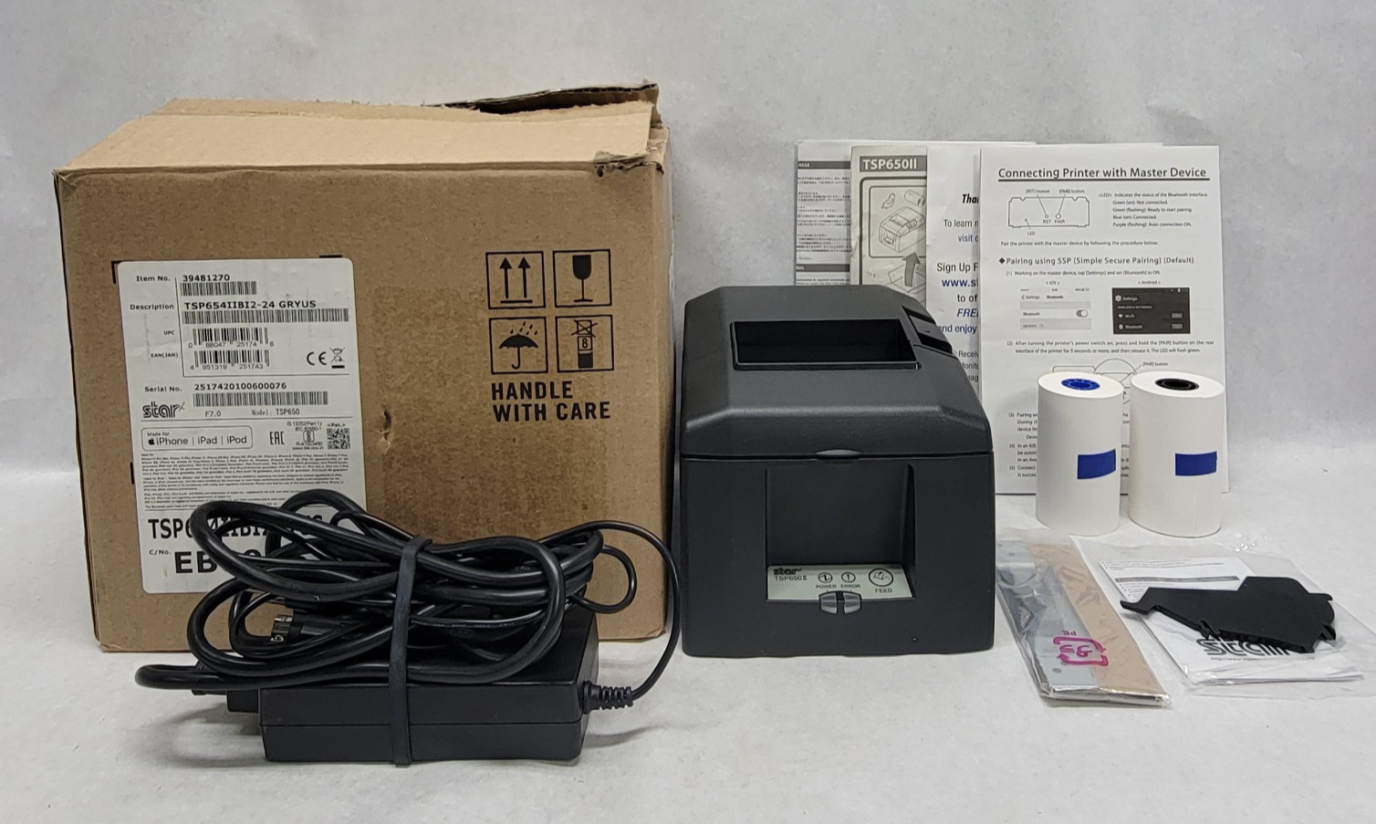 STAR TSP650 Thermal Receipt Printer w/ Power Cord, Paper, Manuals, Box & More
