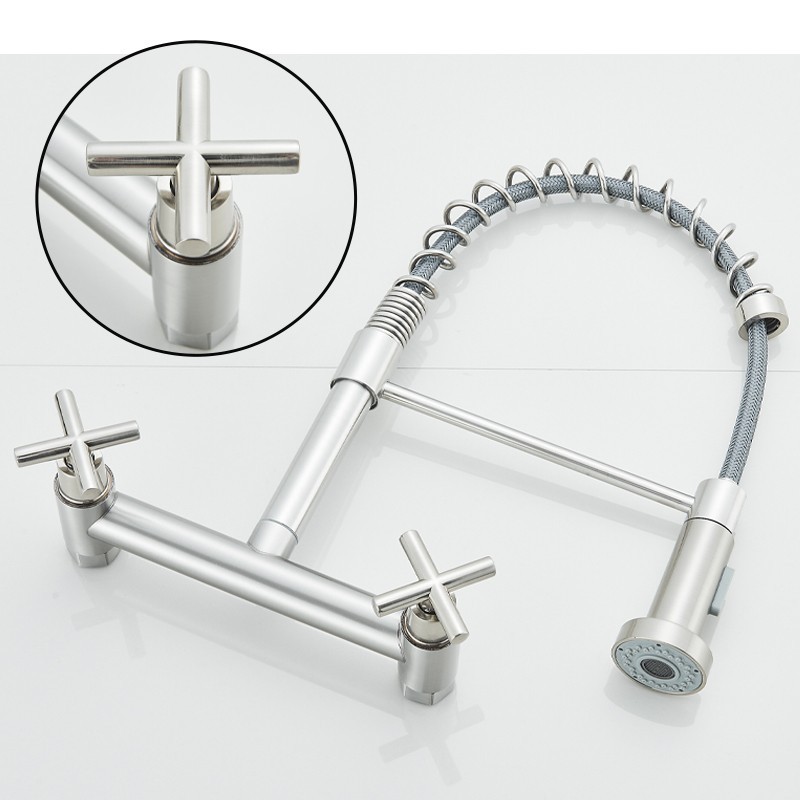 Commercial 8 Inch 2 Handle Wall Mount Kitchen Sink Faucet with Pull Down Sprayer