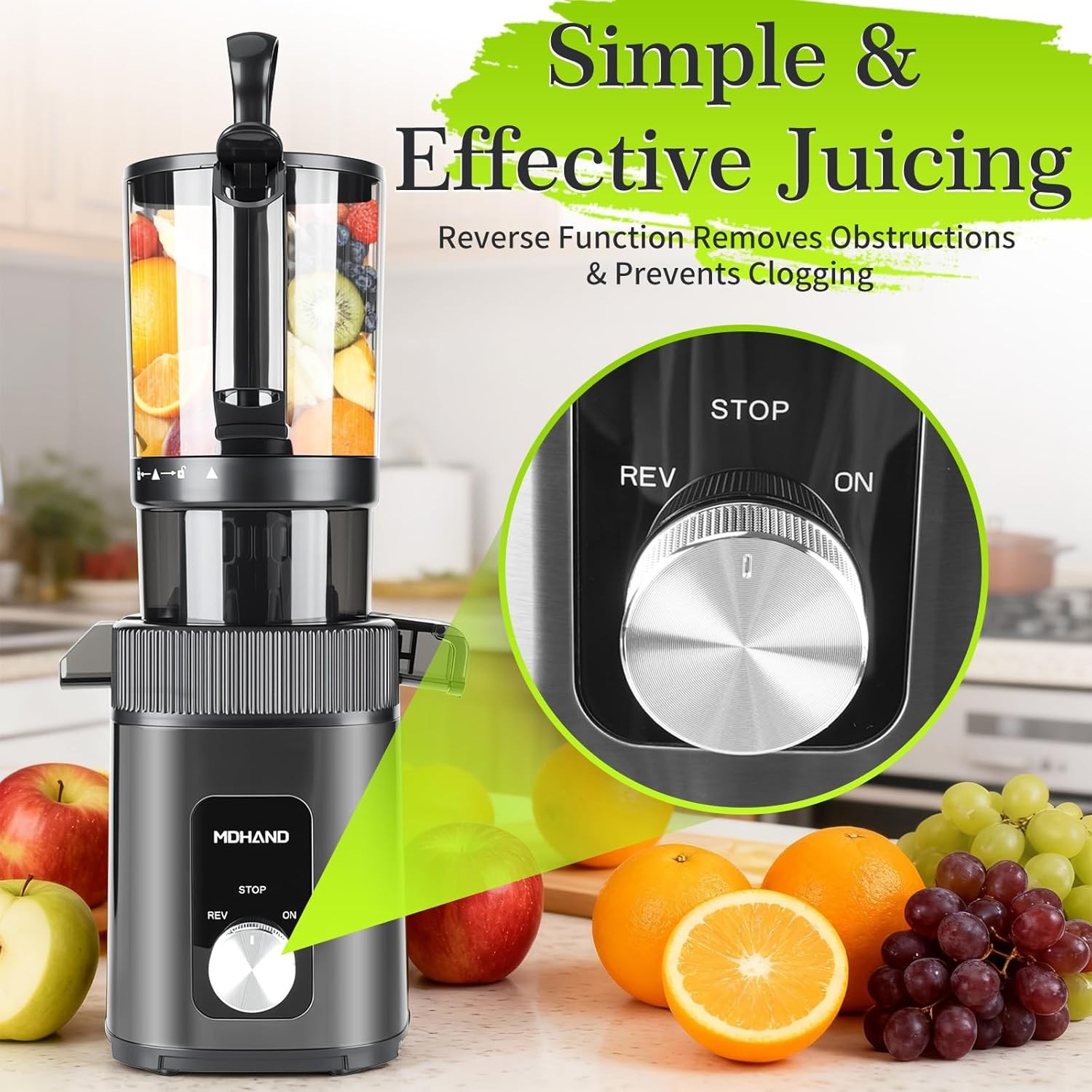 Cold Press Masticating Juicer Machine 4.35" Wide Chute Quiet Juicer Easy Clean
