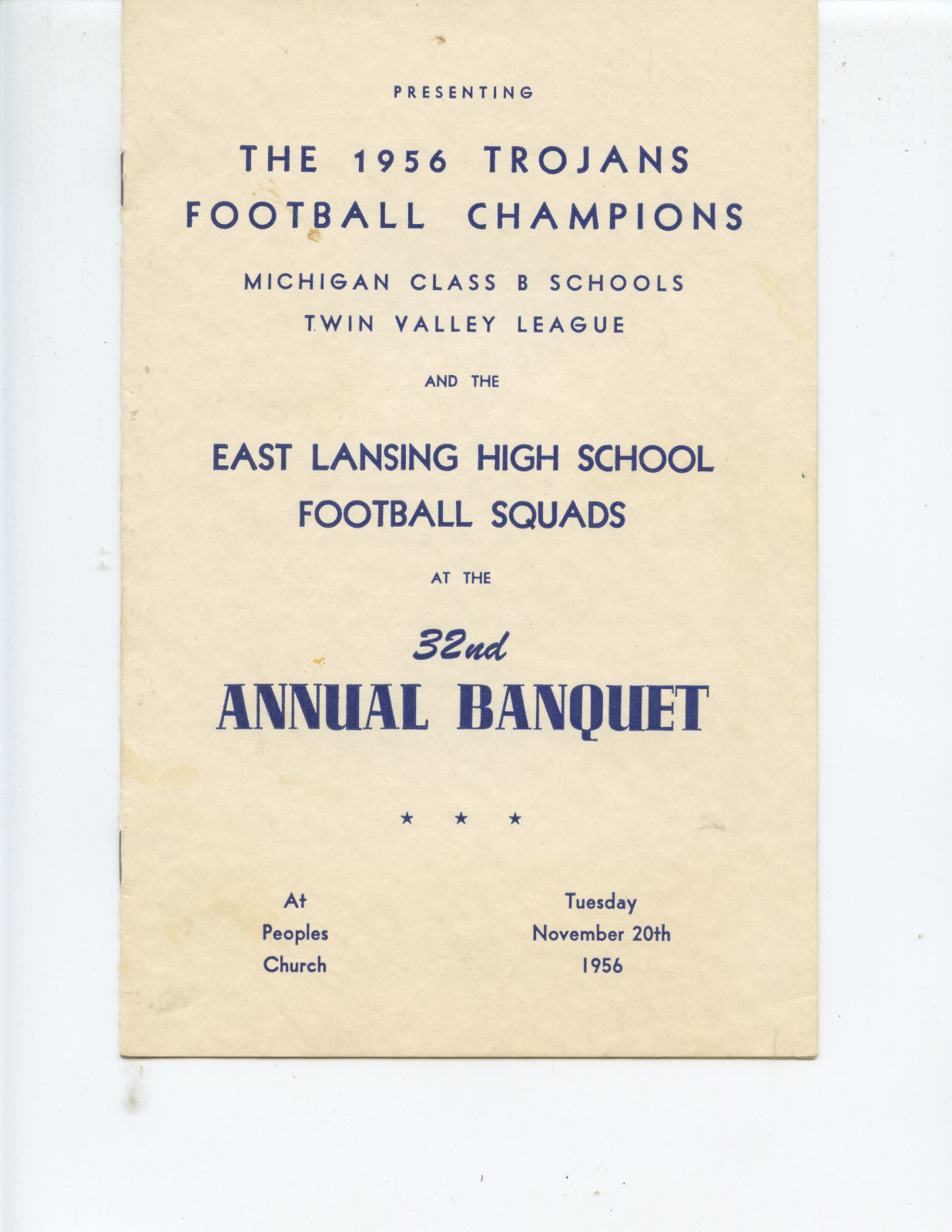 1956 EAST LANSING HIGH SCHOOL FOOTBALL CHAMPIONS BANQUET PROGRAM (MICHIGAN)