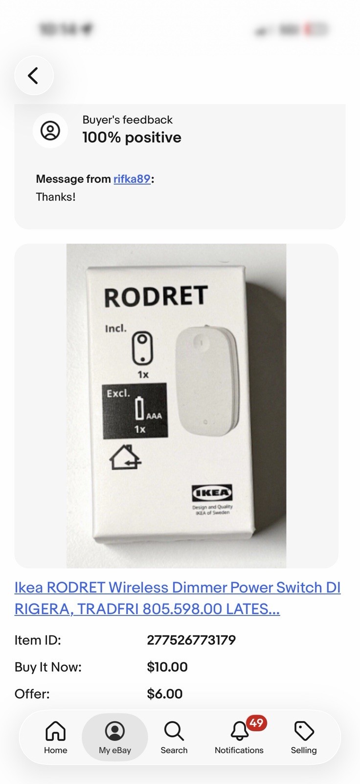 New IKEA Rodret White Smart Home Wireless Dimmer Power Switch Remote *No Box