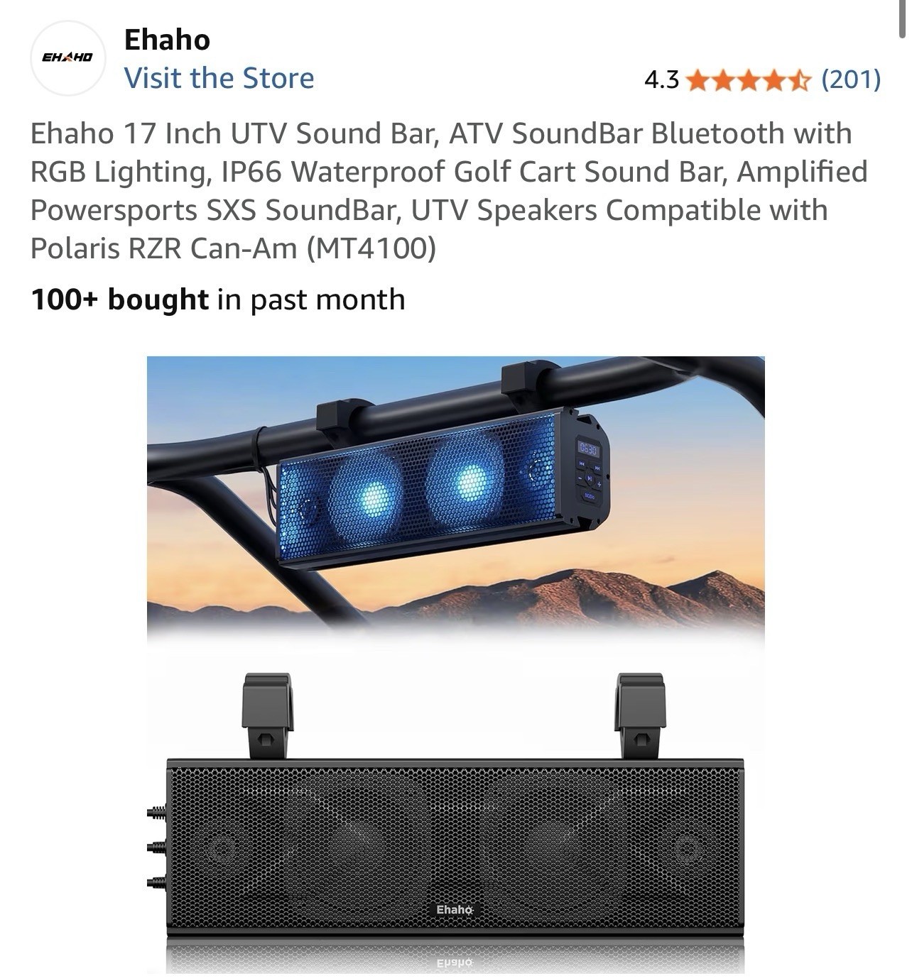 Ehaho 17 Inch UTV Sound Bar, ATV SoundBar Bluetooth with RGB Lighting, IP66 W...