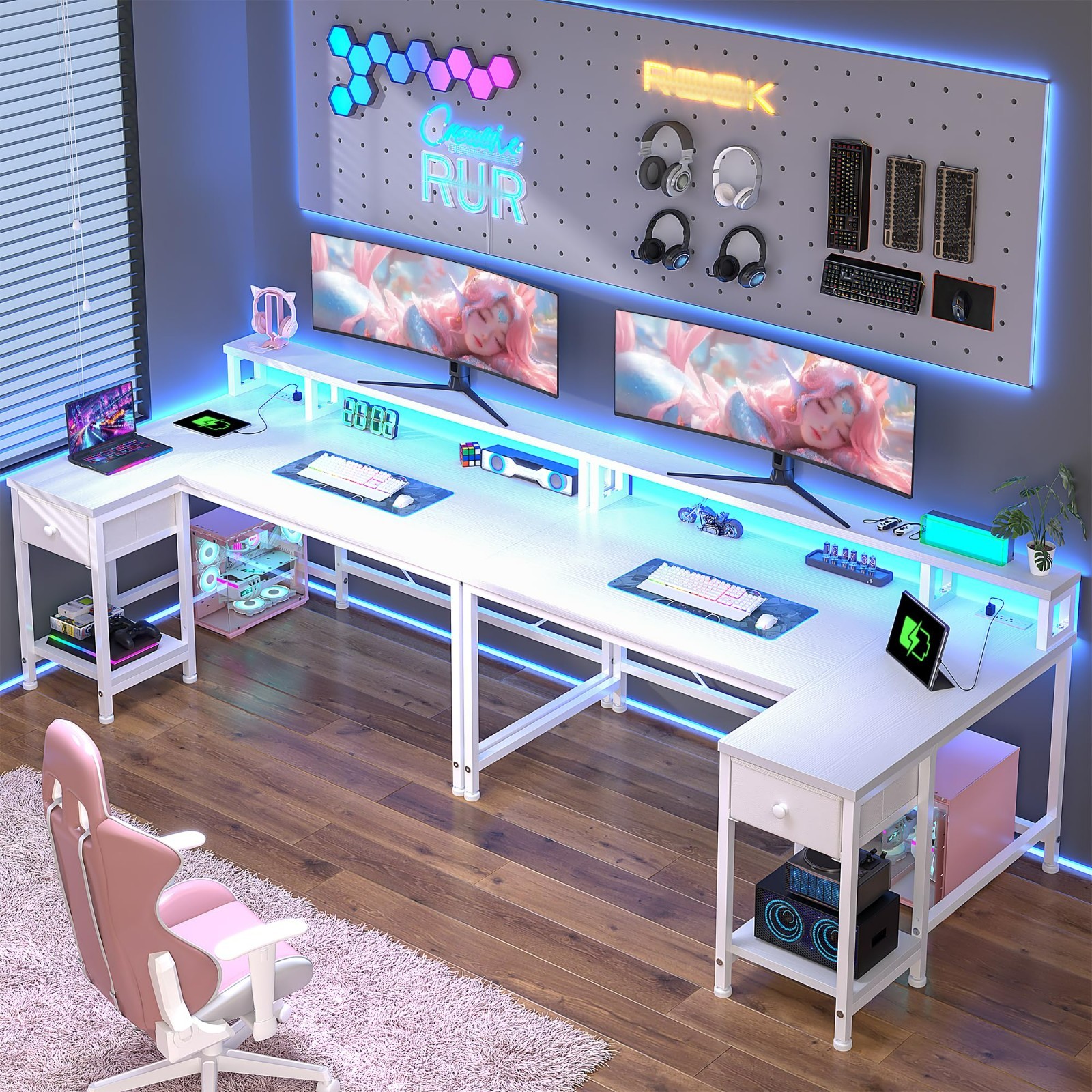Study Table Office 40 inch L Shaped Computer Desk w/ Drawers & LED Lights,White