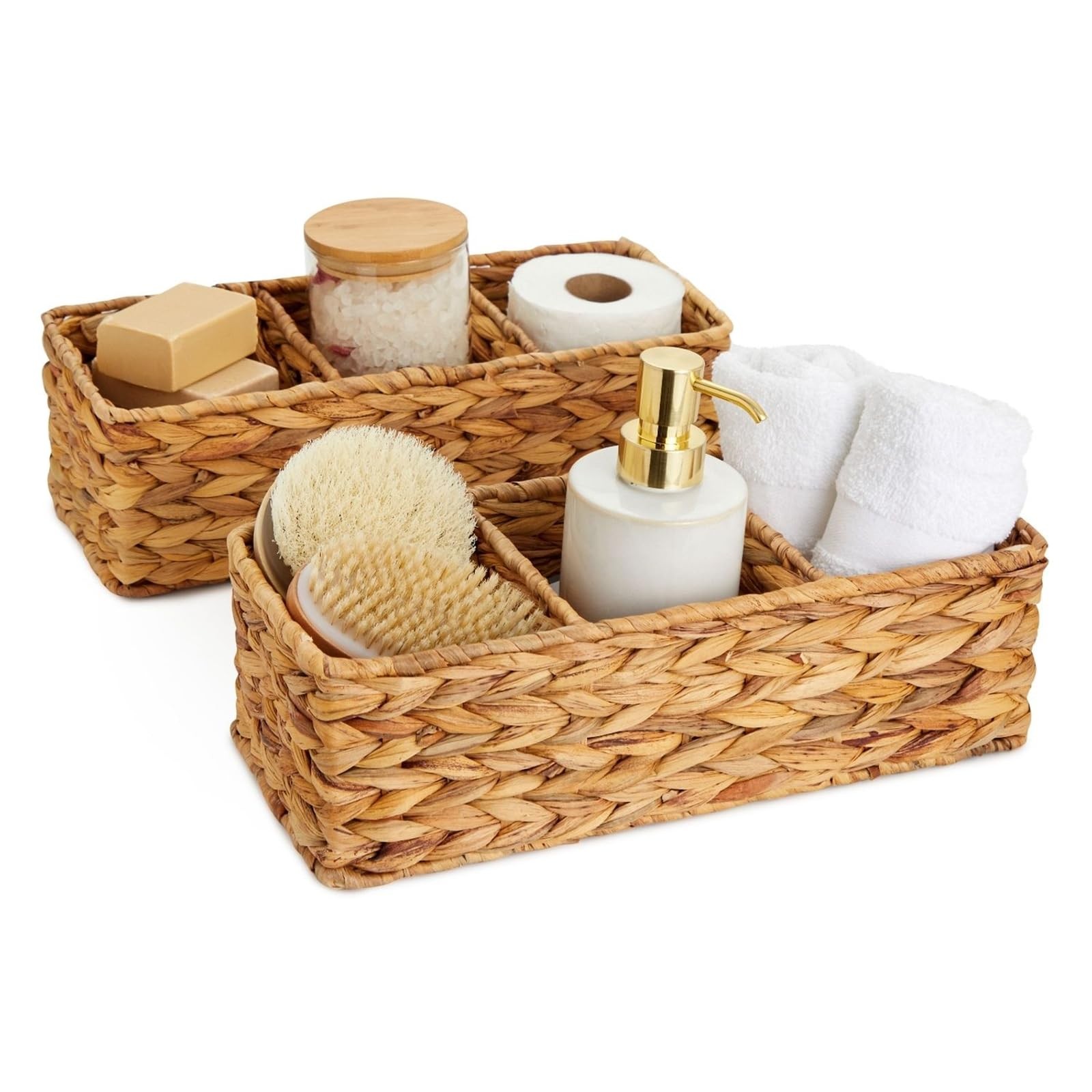 3-Section Rectangular Wicker Basket - Three Compartment Toilet Tank Basket
