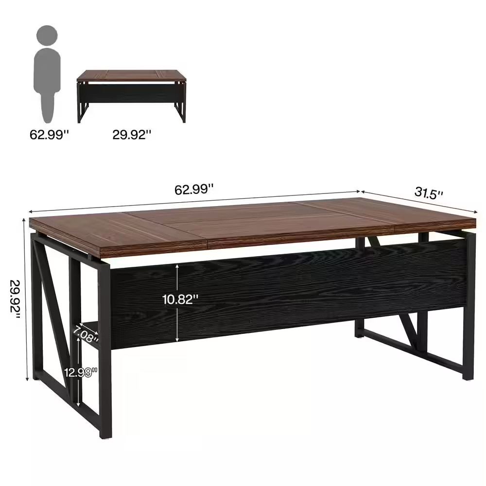 Moronia 62.9 In. Rectangular Deep Brown and Black Engineered Wood Computer Desk