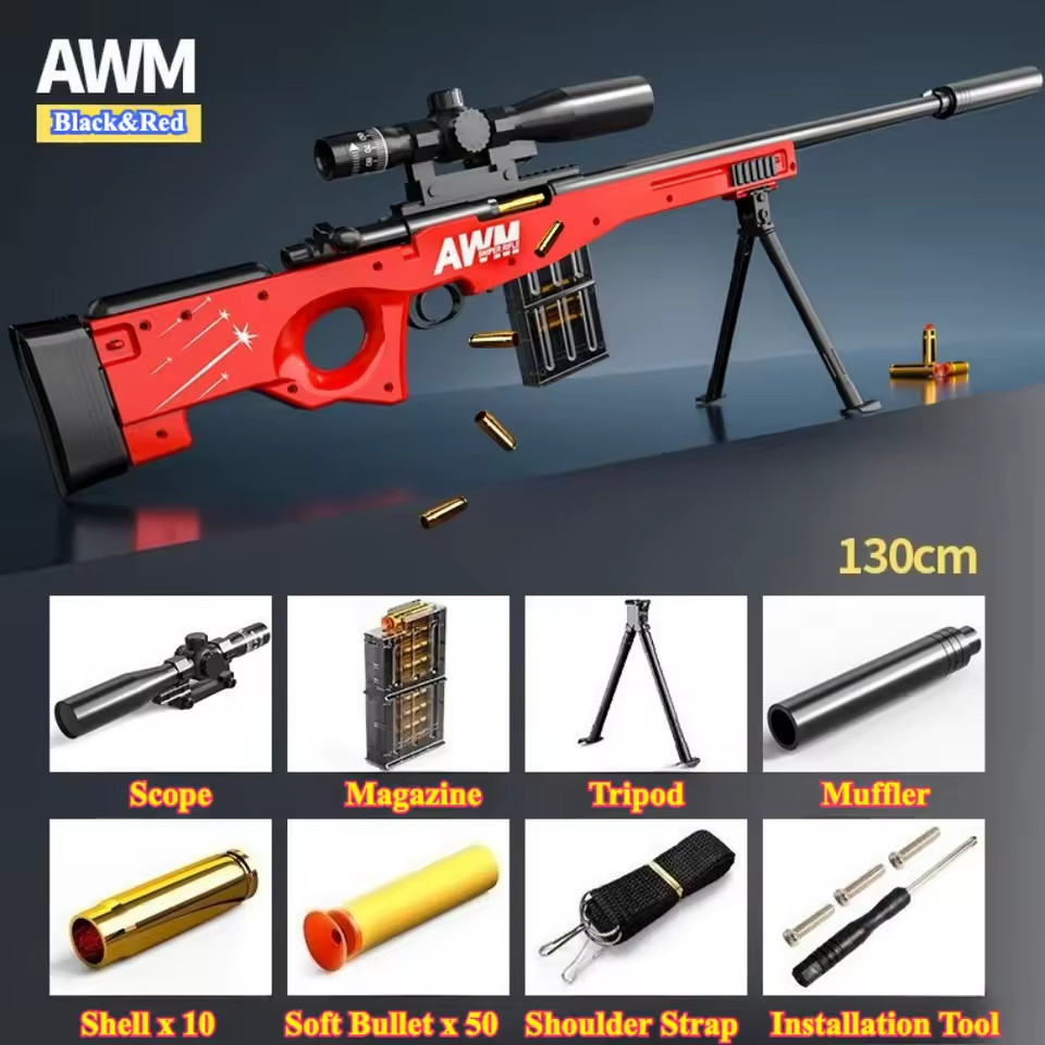 AWM Soft Bullet Toy Sniper Rifle Manual Combat Gun for Kids & Adults  RED