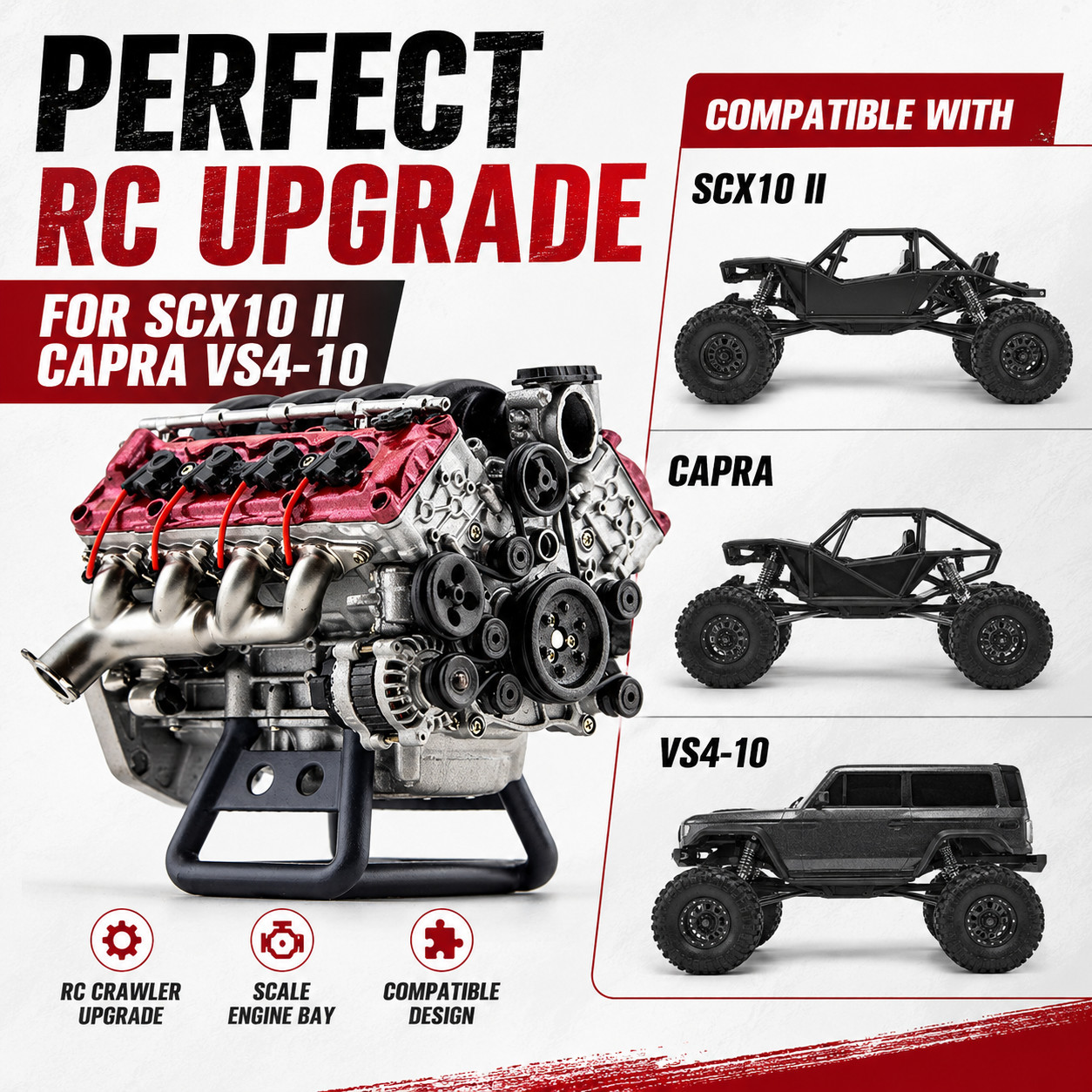 V8 Engine Model Upgrade for Axial SCX10 II Capra VS4-10 RC Crawler DIY Kit