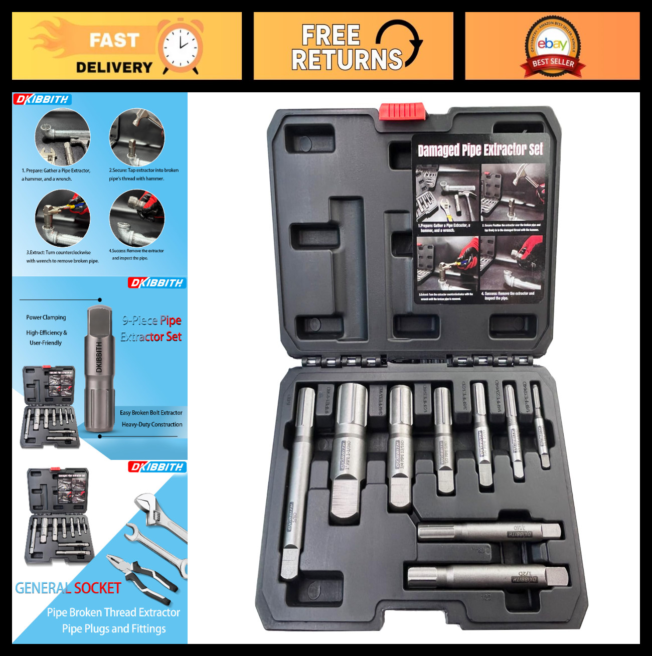 9-Piece Heavy Duty Steel Pipe Extractor Set for Damaged Threads & Fittings, 1/8"