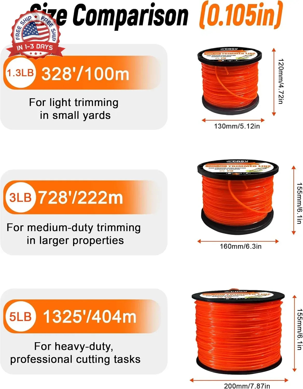 .105" String Trimmer Line, Commercial Grade Orange Pentagon Weed Eater String, P
