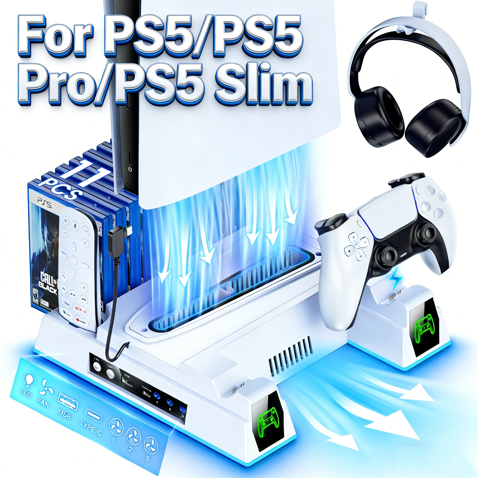 PS5 Controller Charger+Cooling Stand für PS5 Pro/PS5 Slim/PS5 Disc&Edition/PS5