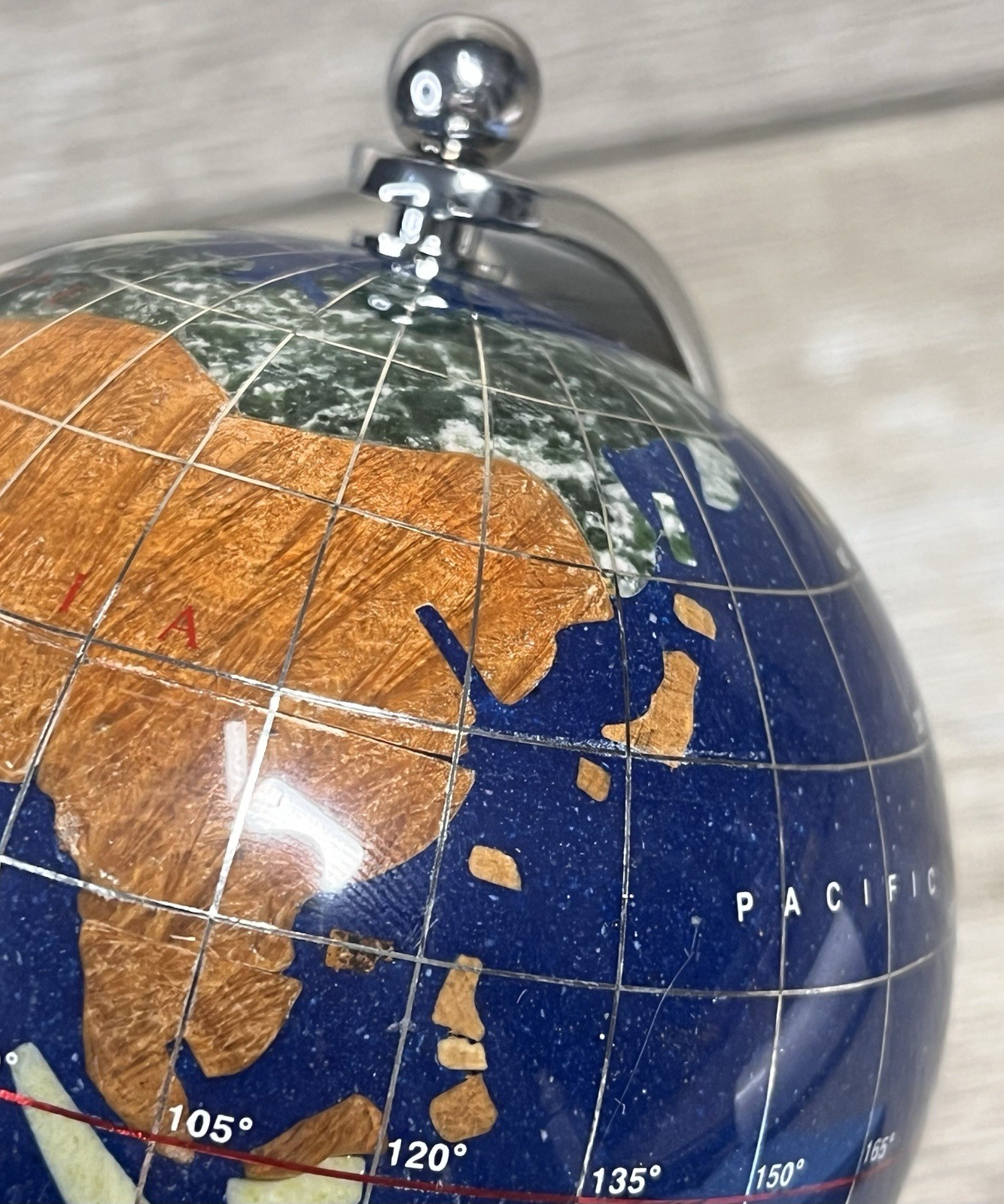 GEMSTONE MINI WORLD GLOBE Semi-Precious Inlay Chrome Stand 5.5" Tabletop Decor