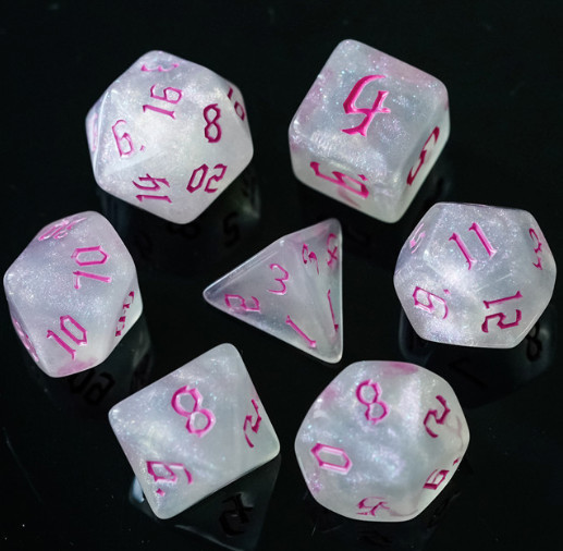 White Shimmer Acrylic Polyhedral Dice Set w/ Pink Gothic Font / TTRPG / D&D Dice