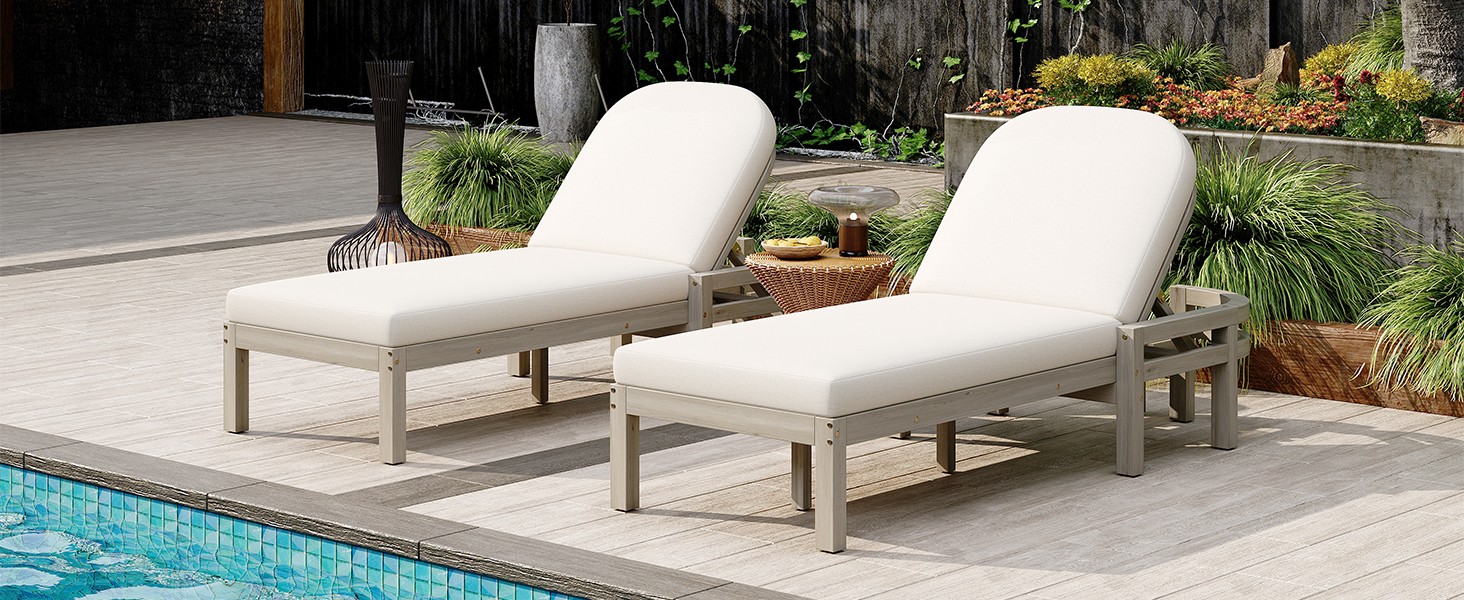 Patio Chaise Lounge Chair 2-Pack, Acacia Wood, Adjustable Backrest, Gray Cushion