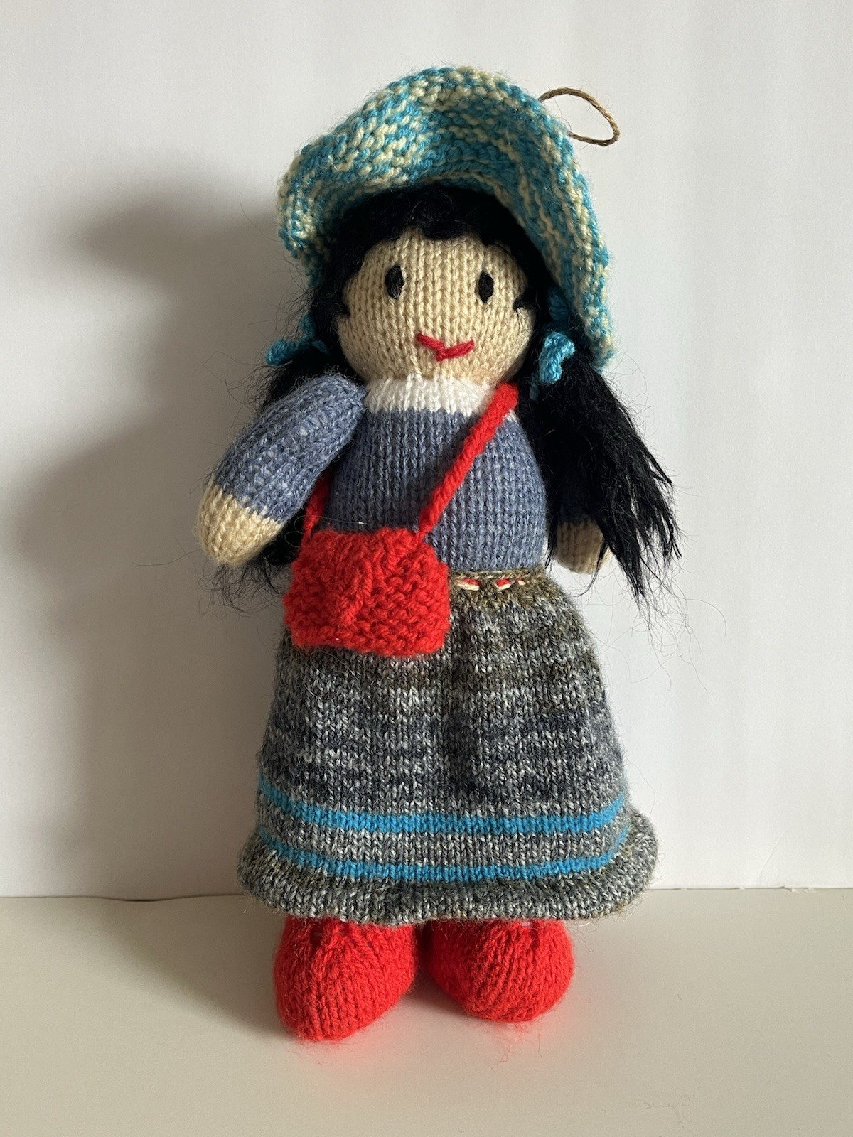 Peruvian Folk Art Doll Handcrafted Girl with Hat Purse Knit Dress 11”