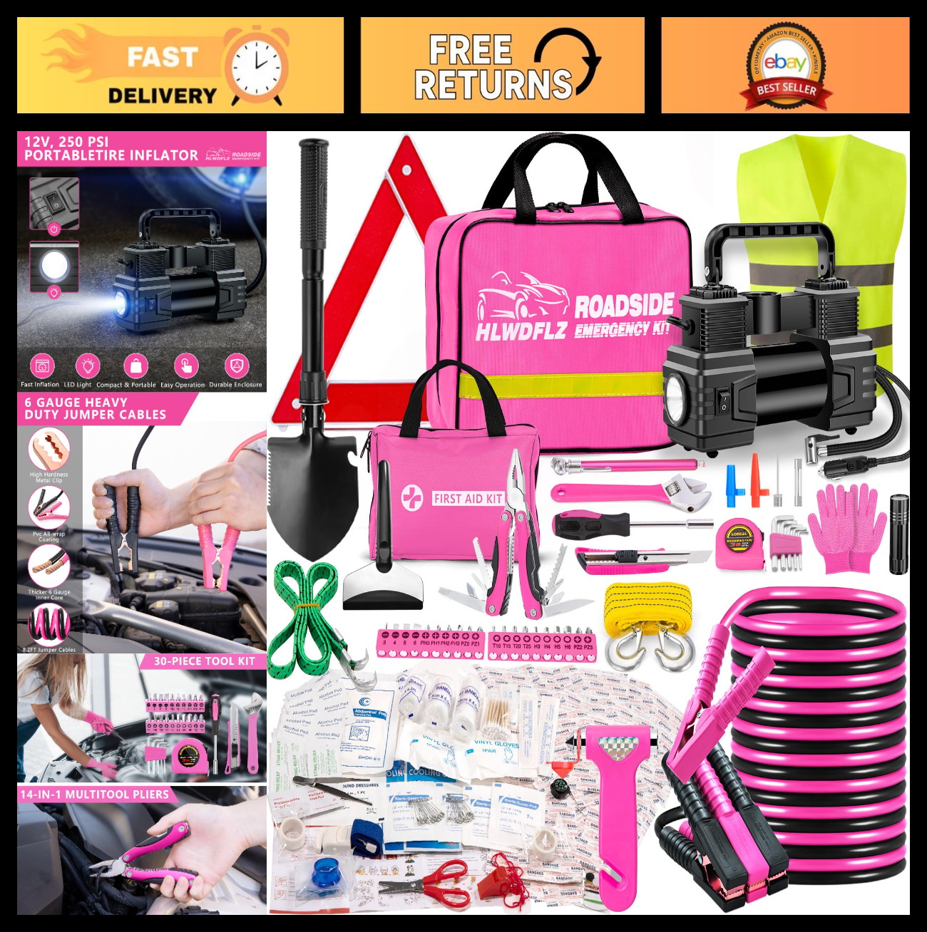 Emergency Car Kit with Air Compressor, Jumper Cables, First Aid & Tools - Winter