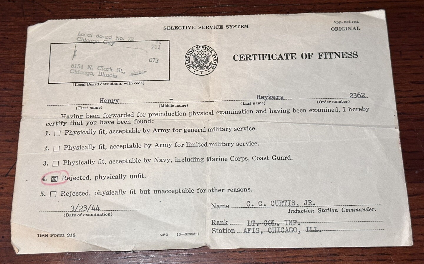 1944 Selective Service Rejection Certificate of Fitness Chicago Illinois Reykers
