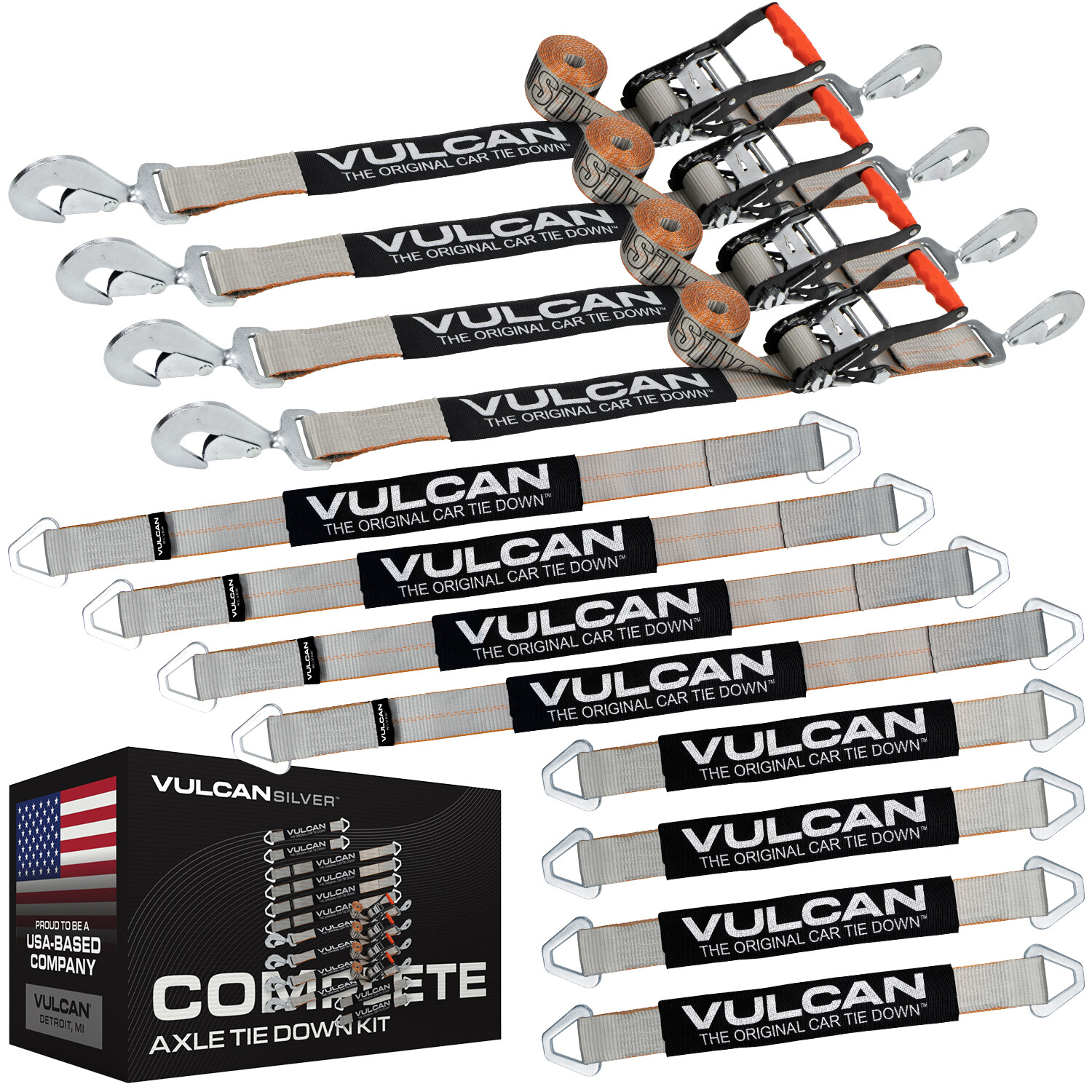 VULCAN Silver Series Axle Strap Tie Down Kit - Snap Hook Ratchet Straps