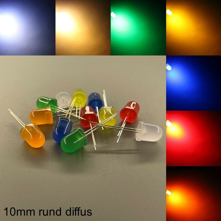10mm LEDs Round Diffuse All Colours Including Resistors Light Emitting Diodes LED 10mm