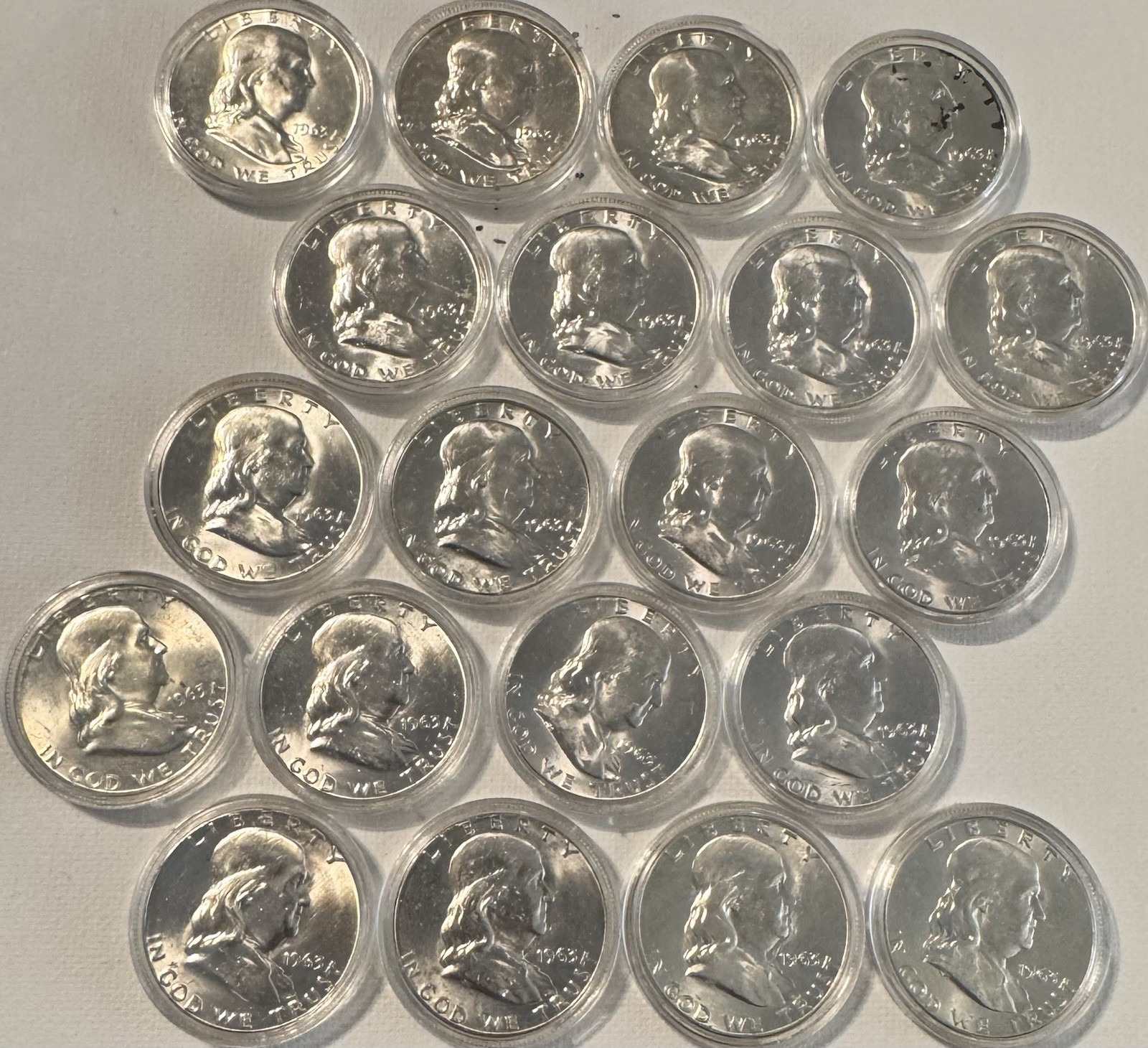 US Coins Silver, Lot Of 20, 1963 Franklin Half Dollars, Uncirculated