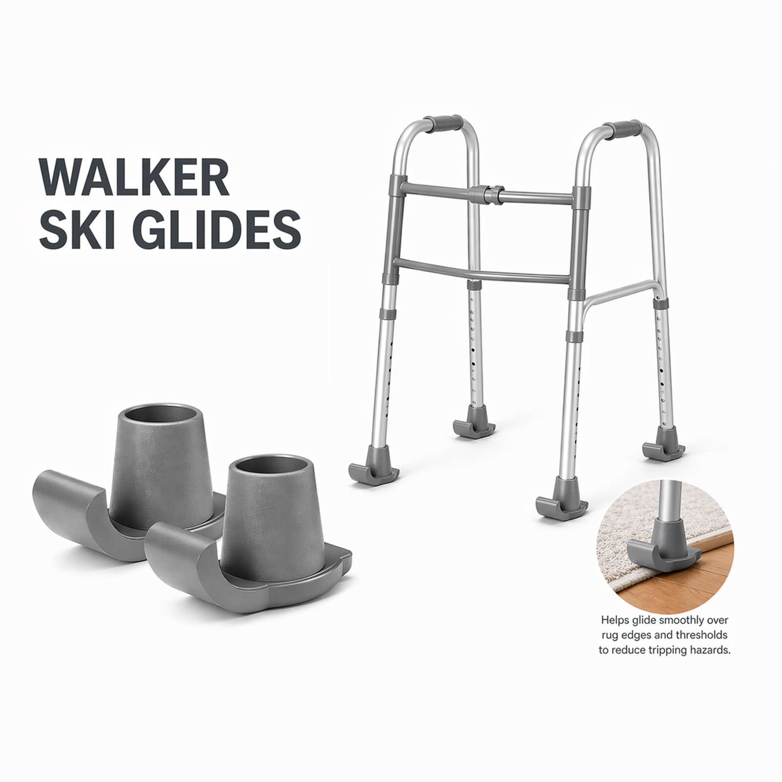 Walker Ski Glides, 2 Pack Gray Glide Skis for 1-1/8" Folding Grey